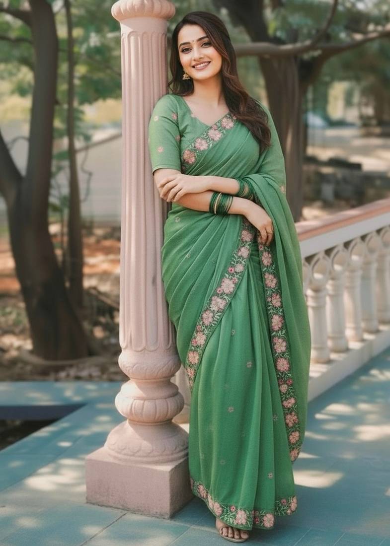 green color crush silk blend fabric designer embroidered wedding special saree