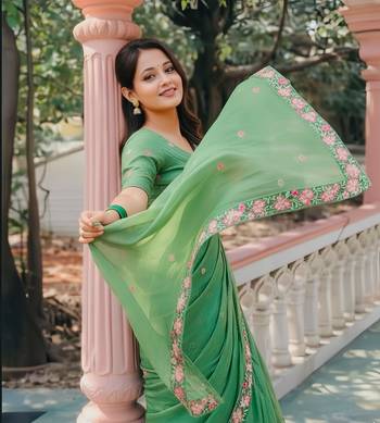 green crush silk blend embroidered wedding special saree 4
