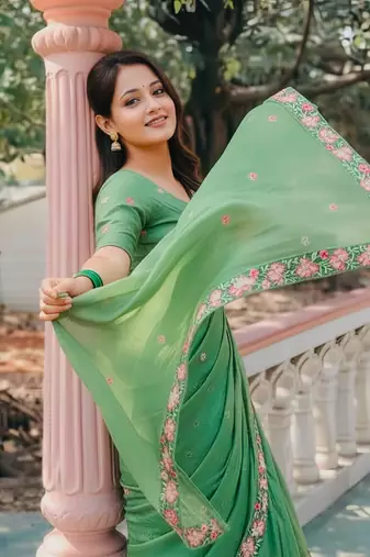 green crush silk blend embroidered wedding special saree