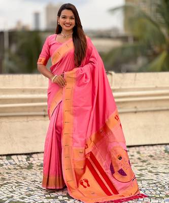 baby pink soft silk blend woven paithani cultural rich saree 1