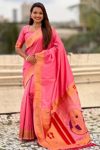 baby pink color soft silk blend fabric  woven paithani designer cultural rich saree