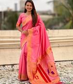 baby pink color soft silk blend fabric  woven paithani designer cultural rich saree