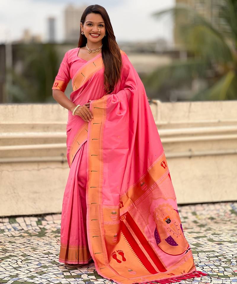 baby pink color soft silk blend fabric  woven paithani designer cultural rich saree