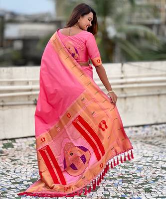 baby pink soft silk blend woven paithani cultural rich saree 2
