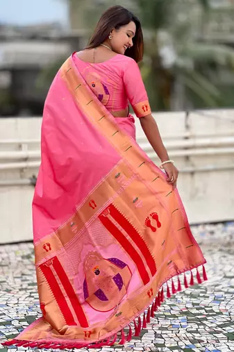 baby pink soft silk blend woven paithani cultural rich saree