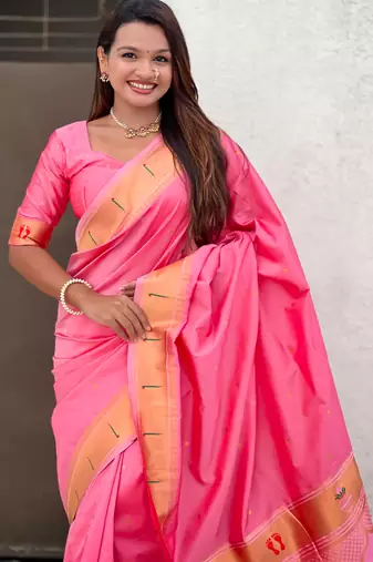 baby pink soft silk blend woven paithani cultural rich saree