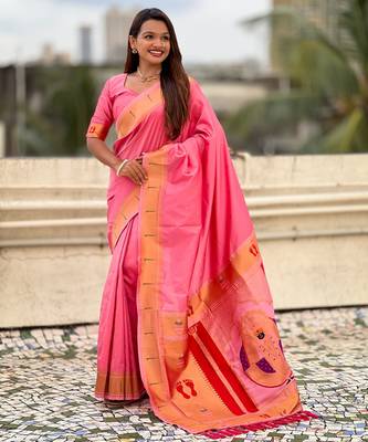 baby pink soft silk blend woven paithani cultural rich saree 4