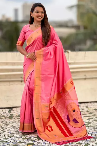 baby pink soft silk blend woven paithani cultural rich saree