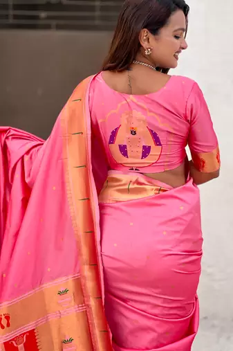 baby pink soft silk blend woven paithani cultural rich saree