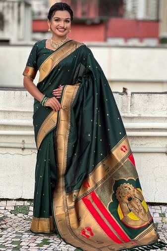 green color soft silk blend fabric  woven paithani designer cultural rich saree