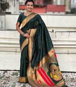 green color soft silk blend fabric  woven paithani designer cultural rich saree