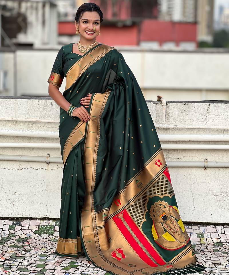 green color soft silk blend fabric  woven paithani designer cultural rich saree