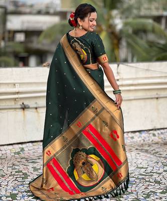 green soft silk blend woven paithani cultural rich saree 2