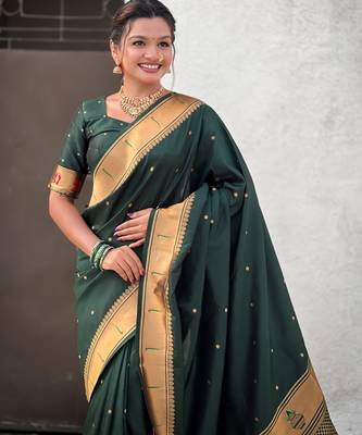 green soft silk blend woven paithani cultural rich saree 3