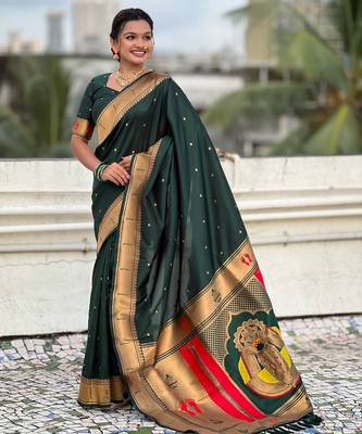 green soft silk blend woven paithani cultural rich saree 4