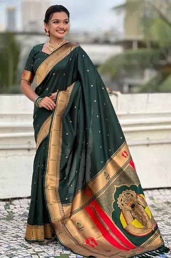 green soft silk blend woven paithani cultural rich saree