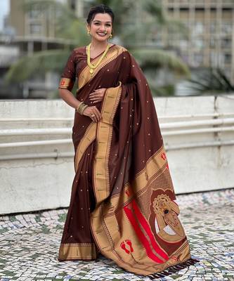 coffee soft silk blend woven paithani cultural rich saree 1
