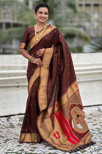 coffee color soft silk blend fabric  woven paithani designer cultural rich saree