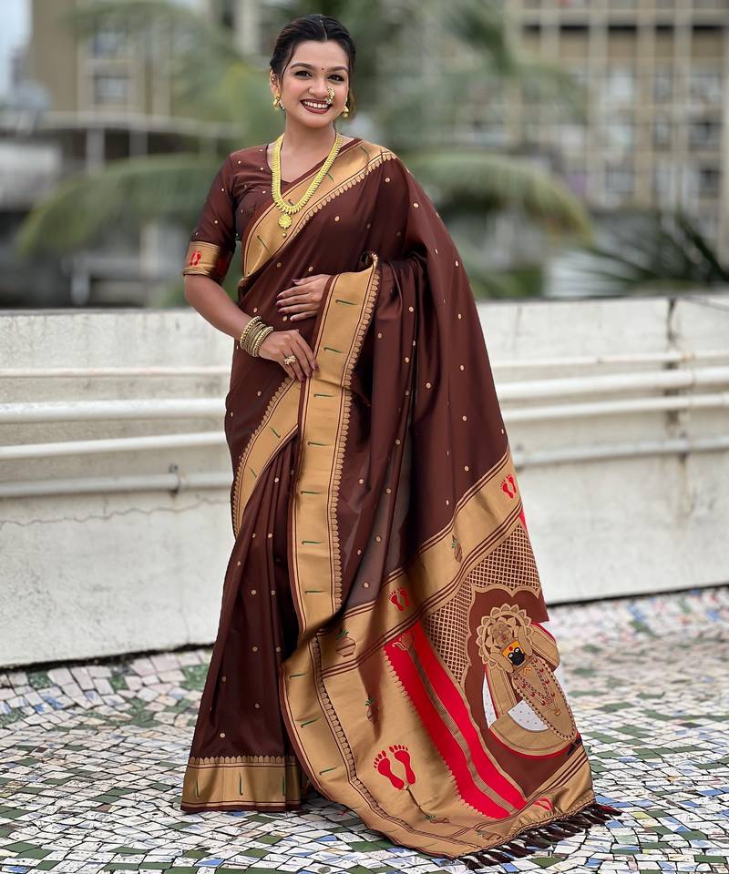 coffee color soft silk blend fabric  woven paithani designer cultural rich saree