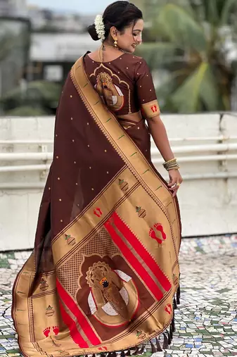 coffee soft silk blend woven paithani cultural rich saree