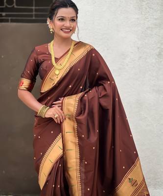 coffee soft silk blend woven paithani cultural rich saree 3