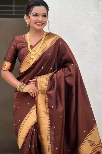 coffee soft silk blend woven paithani cultural rich saree