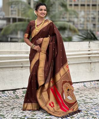 coffee soft silk blend woven paithani cultural rich saree 4