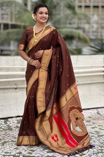 coffee soft silk blend woven paithani cultural rich saree