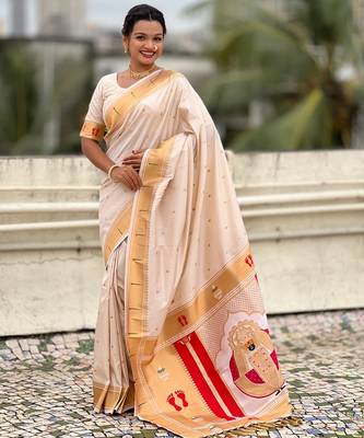 cream soft silk blend woven paithani cultural rich saree 1
