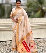 cream color soft silk blend fabric  woven paithani designer cultural rich saree