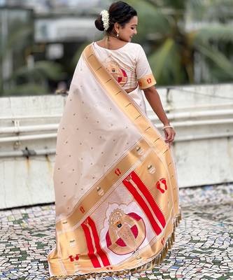 cream soft silk blend woven paithani cultural rich saree 2