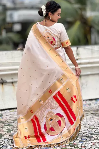 cream soft silk blend woven paithani cultural rich saree