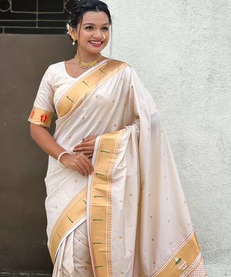 cream soft silk blend woven paithani cultural rich saree 3
