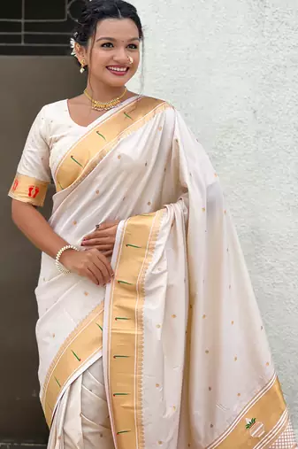 cream soft silk blend woven paithani cultural rich saree