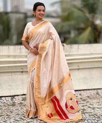 cream soft silk blend woven paithani cultural rich saree 4