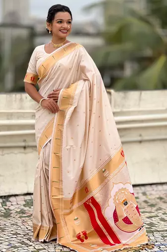 cream soft silk blend woven paithani cultural rich saree