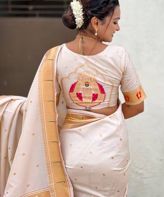 cream soft silk blend woven paithani cultural rich saree 5