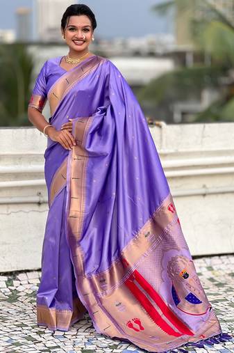 lavender color soft silk blend fabric  woven paithani designer cultural rich saree