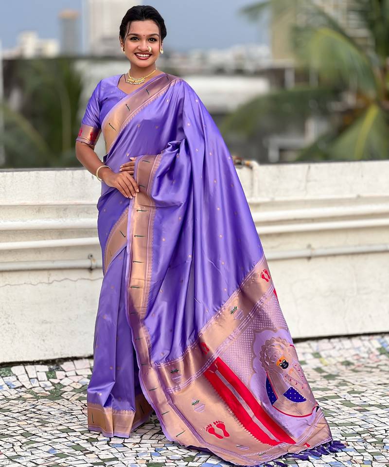 lavender color soft silk blend fabric  woven paithani designer cultural rich saree