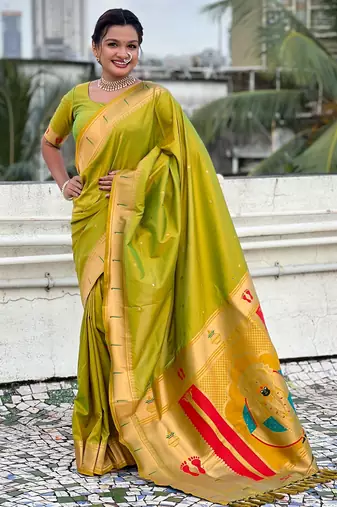 mahendi color soft silk blend fabric  woven paithani designer cultural rich saree