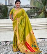 mahendi color soft silk blend fabric  woven paithani designer cultural rich saree