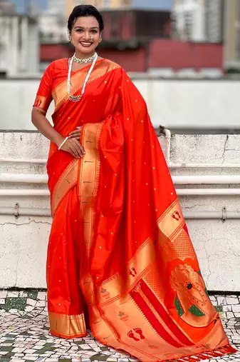 orange color soft silk blend fabric  woven paithani designer cultural rich saree