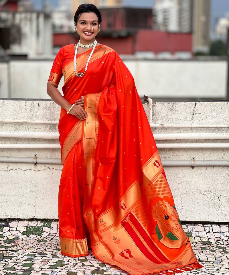 orange color soft silk blend fabric  woven paithani designer cultural rich saree