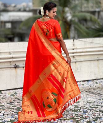 orange soft silk blend woven paithani cultural rich saree 2