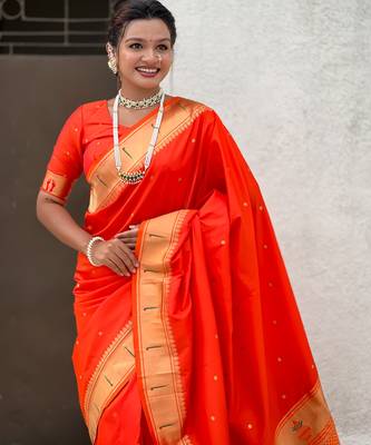 orange soft silk blend woven paithani cultural rich saree 3