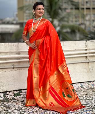 orange soft silk blend woven paithani cultural rich saree 4
