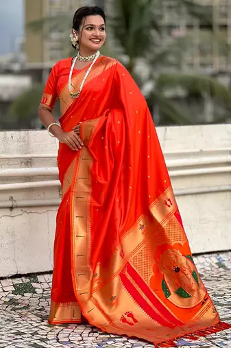 orange soft silk blend woven paithani cultural rich saree