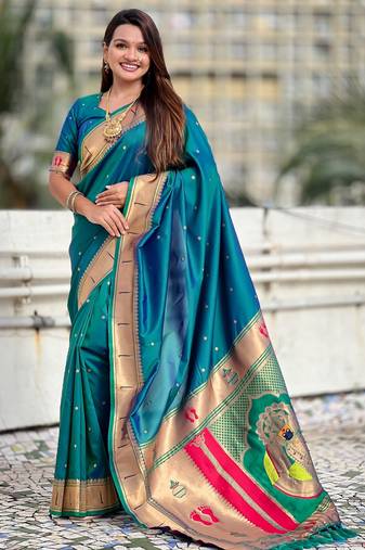 sky blue color soft silk blend fabric  woven paithani designer cultural rich saree
