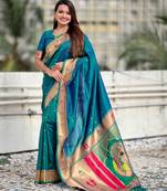 sky blue color soft silk blend fabric  woven paithani designer cultural rich saree