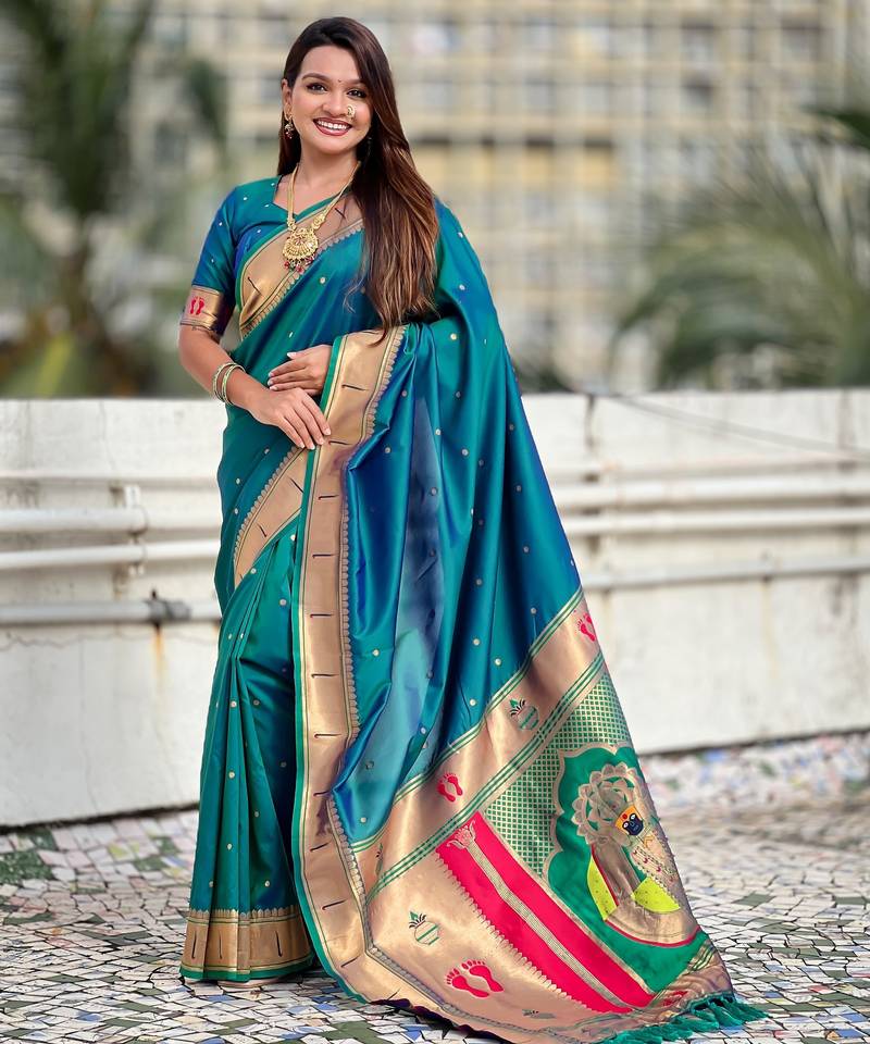 sky blue color soft silk blend fabric  woven paithani designer cultural rich saree